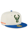 New Era 2022-23 City Edition 59Fifty Icon Milwaukee Bucks Fitted Hat In Cream & Blue - Angled Right Side View