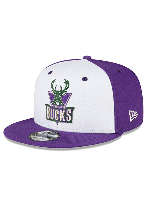 New Era 9Fifty HWC '93 Logo Milwaukee Bucks Snapback Hat In Purple & White - Angled Left Side View