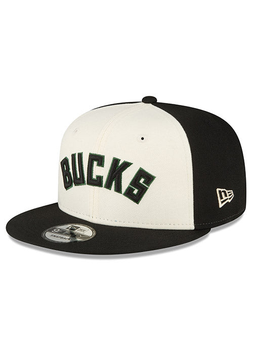 New Era 9Fifty 2022 Statement Wordmark Milwaukee Bucks Snapback Hat In Black & White - Angled Left Side View