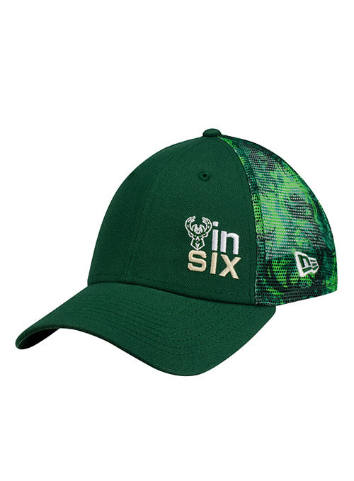 Bucks In Six New Era 9Forty All Over Print Mesh Green Milwaukee Bucks Adjustable Trucker Hat In Green - Angled Left Side View