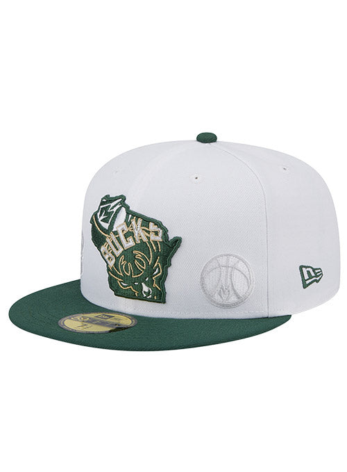 New Era Fitted 59Fifty Gameday State WHT/GRN Milwaukee Bucks Hat In White & Green - Angled Left Side View