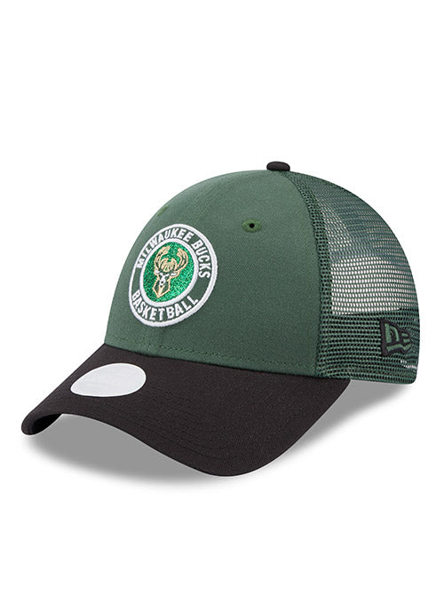 Women's New Era 9Forty Glitter Milwaukee Bucks Adjustable Hat In Green & Black - Angled Left Side View