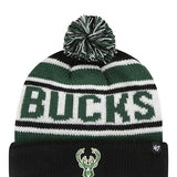Youth 47 Brand Hangtime Milwaukee Bucks Cuff Pom Knit Hat In Black, Green & White - Front View