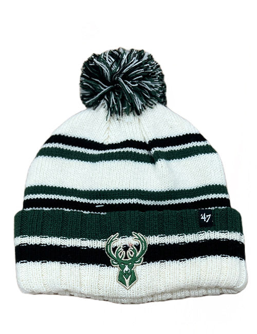 Youth '47 Brand Driftway Cuff Pom Milwaukee Bucks Knit Hat In White, Green & Black - Front View