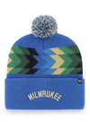 '47 Brand 2022 NBA City Edition Cuffed Pom Milwaukee Bucks Knit Hat In Blue, Green & Cream - Front View
