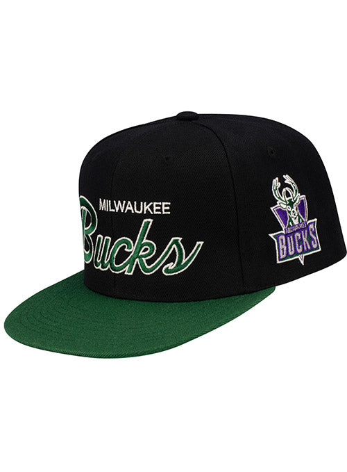 Mitchell & Ness HWC Team Script 2.0 Milwaukee Bucks Snapback Hat In Black & Green - Angled Left Side View