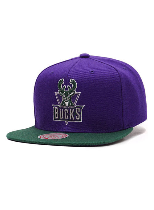 Mitchell & Ness HWC '93 Core Basic Purple Milwaukee Bucks Snapback Hat In Purple & Green - Angled Left Side View