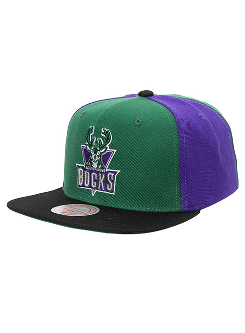 Mitchell & Ness Hardwood Classics '93 On The Block Milwaukee Bucks Snapback Hat In Green & Purple - Angled Left Side View