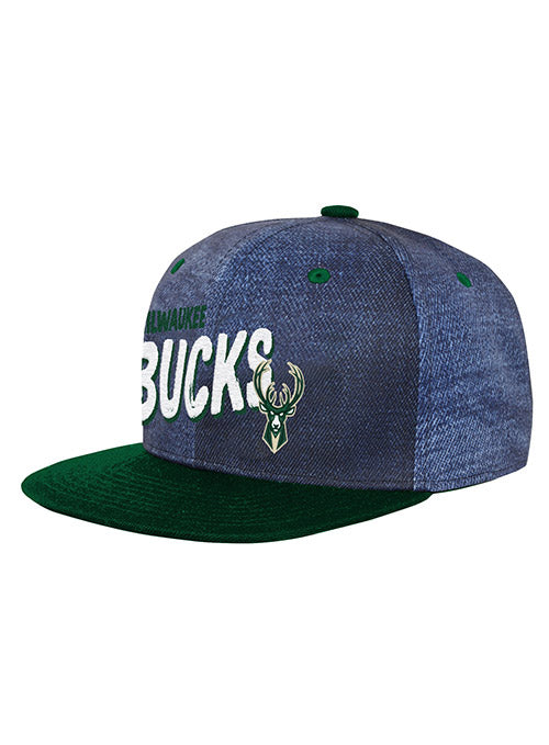Youth Outerstuff Indigo Milwaukee Bucks Snapback Hat In Blue & Green - Angled Left Side View