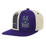 Youth Mitchell & Ness HWC '93 Pop Panel Milwaukee Bucks Snapback Hat In Purple & Cream - Left Side View