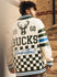 The Wild Collective Checkered Milwaukee Bucks Cardigan In Cream, Blue, Green & White - Back View On Model