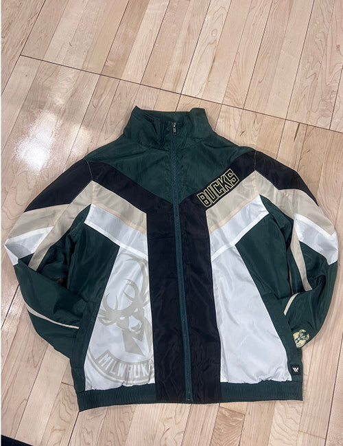The Wild Collective Tie Blocked Milwaukee Bucks Track Jacket In Green, Black & White - Front View