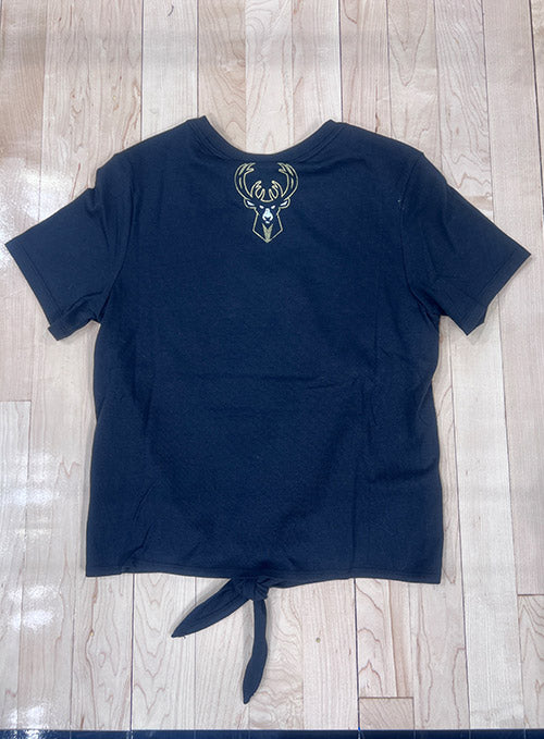 Women's The Wild Collective Twist Tie Checkered Milwaukee Bucks T-Shirt In Blue - Back View