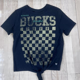 Women's The Wild Collective Twist Tie Checkered Milwaukee Bucks T-Shirt In Blue - Front View