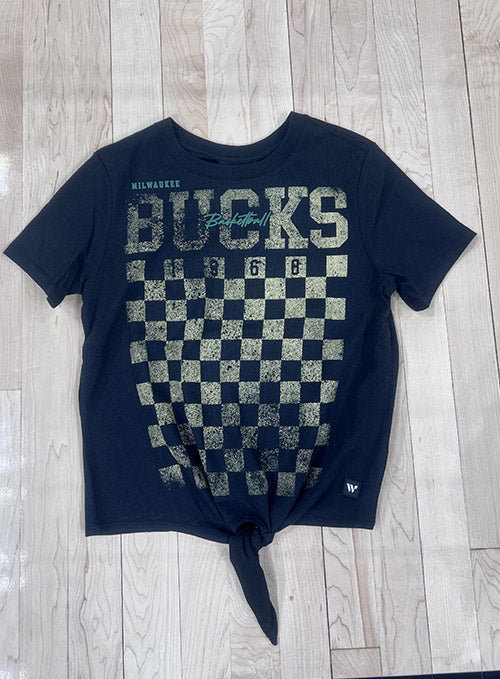 Women's The Wild Collective Twist Tie Checkered Milwaukee Bucks T-Shirt In Blue - Front View