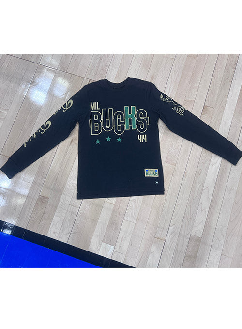 The Wild Collective Deer District Milwaukee Bucks Long Sleeve T-Shirt In Black - Front View From Above