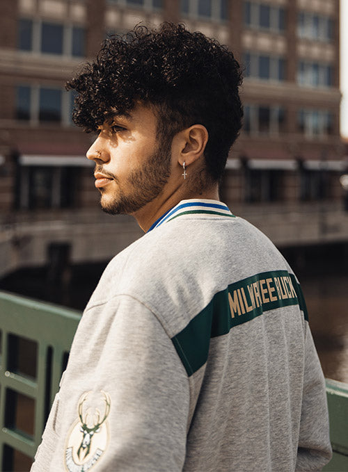 The Wild Collective Embossed Milwaukee Bucks Bomber Jacket In Grey - Upper Back View On Model