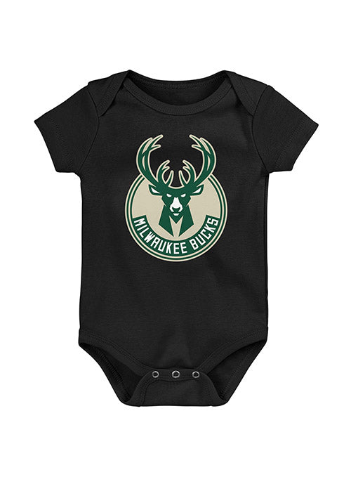 Infant Global Logo Black Milwaukee Bucks Onesie Creeper - Front View