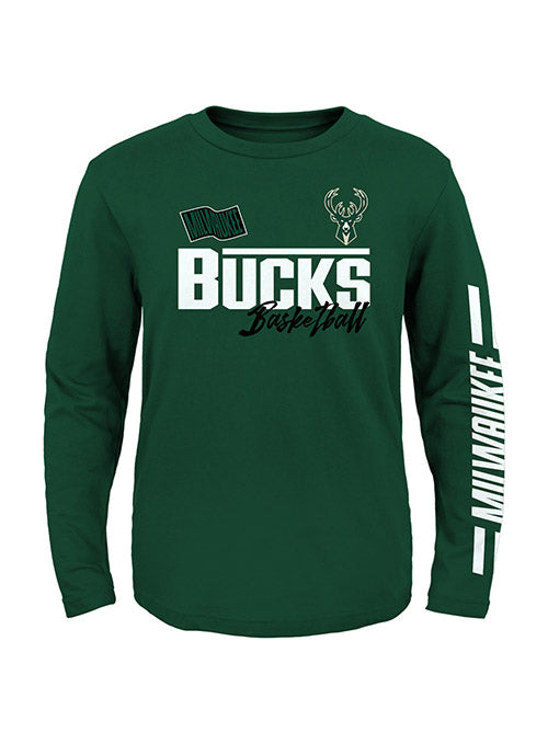 Youth Outerstuff Race Time Milwaukee Bucks Long Sleeve T-Shirt In Green - Front View