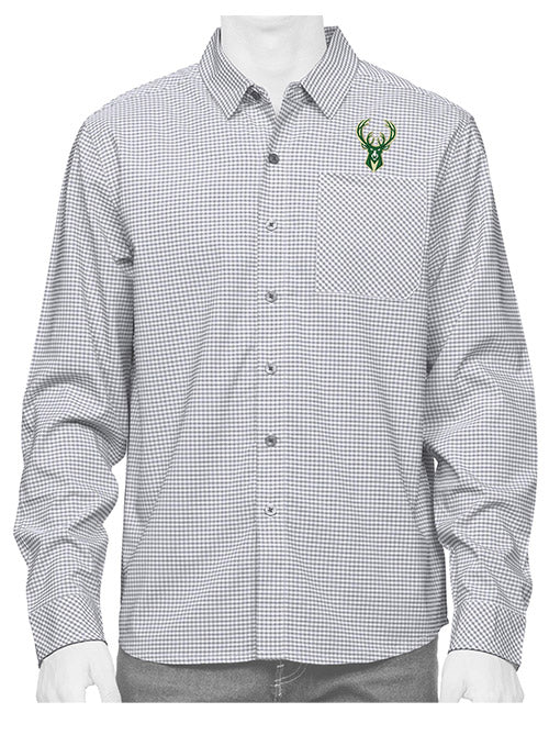 Antigua Stellar Icon Milwaukee Bucks Long Sleeve Button Down Shirt In Grey - Front View On Mannequin