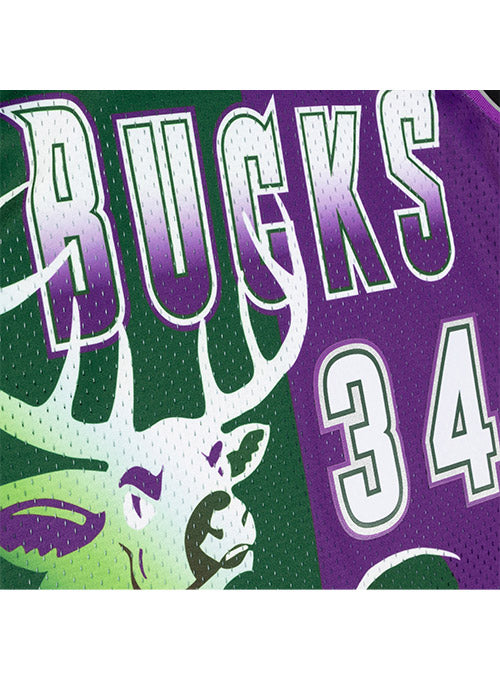 Mitchell & Ness HWC 1996 Ray Allen Milwaukee Bucks Swingman Jersey In Purple, Green & White - Zoom View On Front Graphic