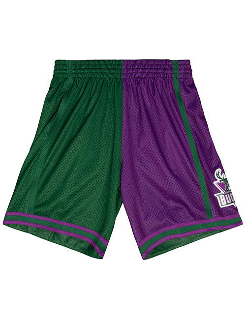 Mitchell & Ness Split HWC 1996 Milwaukee Bucks Swingman Shorts In Green & Purple - Front View