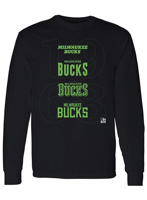 Bucks In Six Year Over Year Black Milwaukee Bucks Long Sleeve T-Shirt In Black & Green - Front View