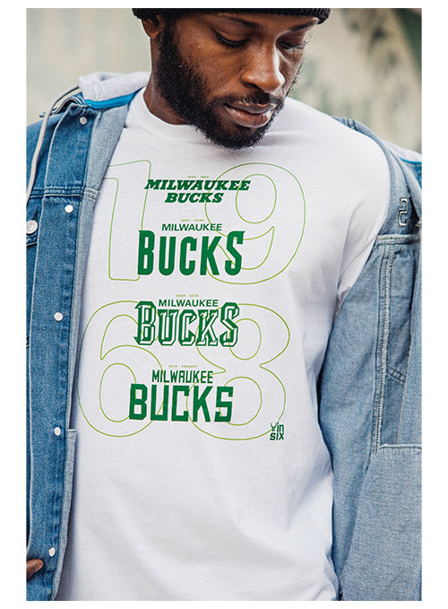 Bucks In Six Year Over Year White Milwaukee Bucks T-Shirt In White & Green - Front View On Model