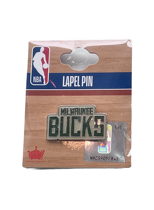 Aminco Stacked Wordmark Milwaukee Bucks Pin In Green - Front View In Packaging
