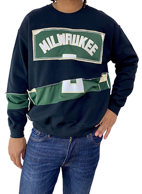 Refried Apparel Recycled Jersey Black Milwaukee Bucks Crewneck Sweatshirt - Front View On Model
