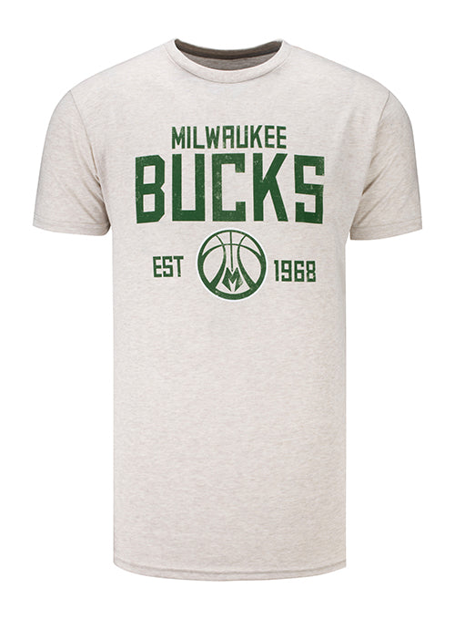 Wordmark Cream Milwaukee Bucks T-Shirt In Grey - Front View