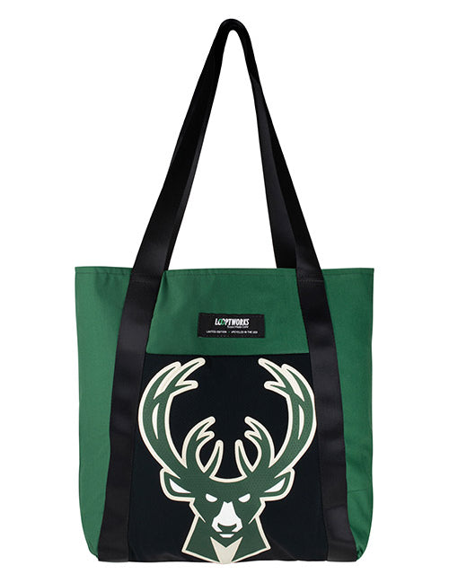 Looptworks Upcycled Statement Milwaukee Bucks Tote Bag In Green & Black - Front View