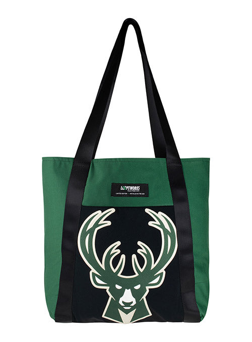 Looptworks Upcycled Statement Milwaukee Bucks Tote Bag In Green & Black - Front View
