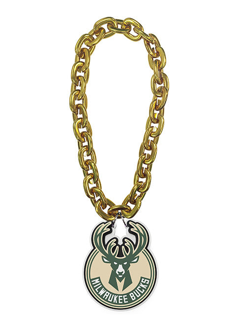 Aminco Oversized Global Logo Gold Milwaukee Bucks Chain Necklace In Gold & Green - Front View