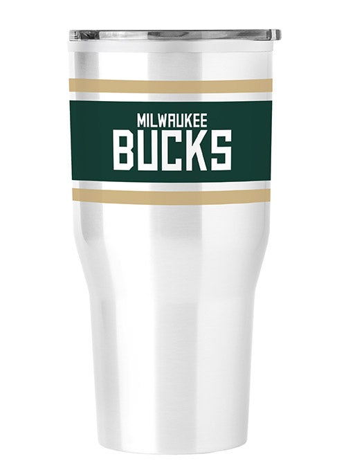 Logo Brands 30oz Stripe Fusion White Milwaukee Bucks Tumbler In White, Green & Cream - Side View 1