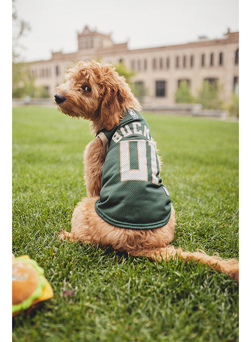 Pets First Icon Logo Milwaukee Bucks Pet Jersey In Green - Dog Wearing Jersey