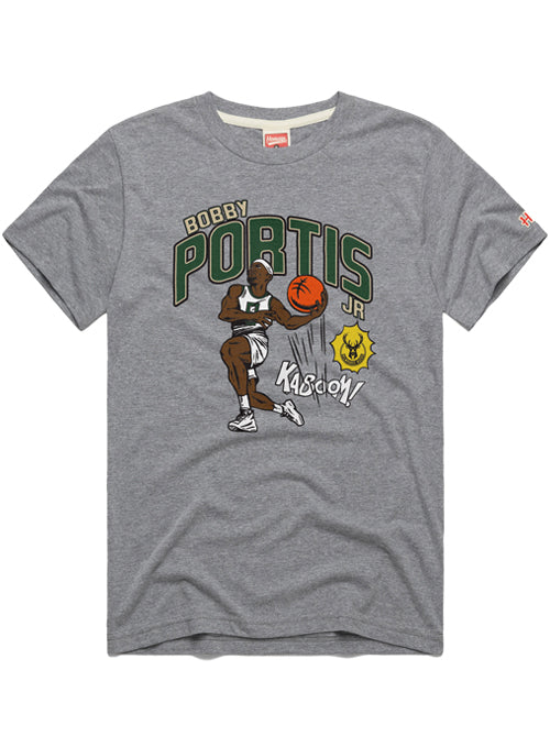 Homage Comic Book Bobby Portis Jr Milwaukee Bucks T-Shirt In Grey - Front View