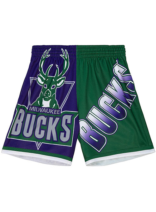 Mitchell & Ness HWC Big Face 5.0 Milwaukee Bucks Shorts In Purple & Green - Front View