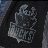 Michell & Ness HWC 2000 Tie Dye Milwaukee Bucks Swingman Shorts In Blue & Black - Zoom View On Left Leg Logo