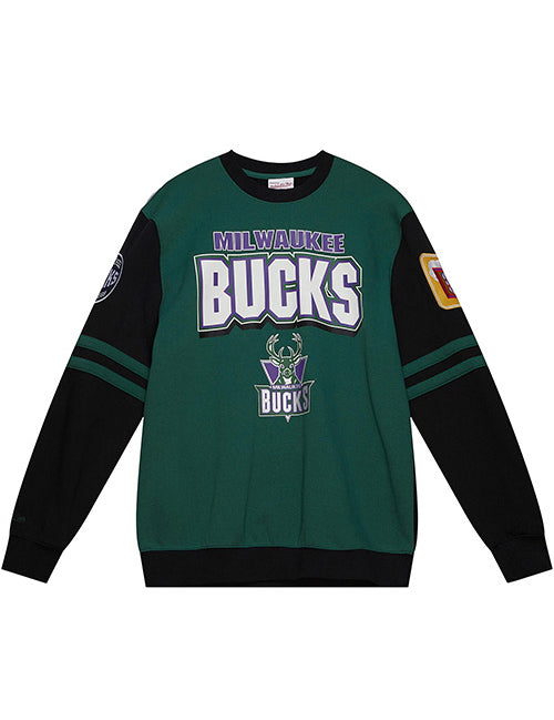 Mitchell & Ness HWC All Over Crew 2.0 Milwaukee Bucks Crewneck Sweatshirt In Green & Black - Front View