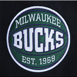 Mitchell & Ness HWC All Over Crew 2.0 Milwaukee Bucks Crewneck Sweatshirt In Green & Black - Zoom View On Right Sleeve Graphic