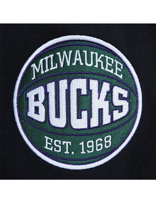 Mitchell & Ness HWC All Over Crew 2.0 Milwaukee Bucks Crewneck Sweatshirt In Green & Black - Zoom View On Right Sleeve Graphic