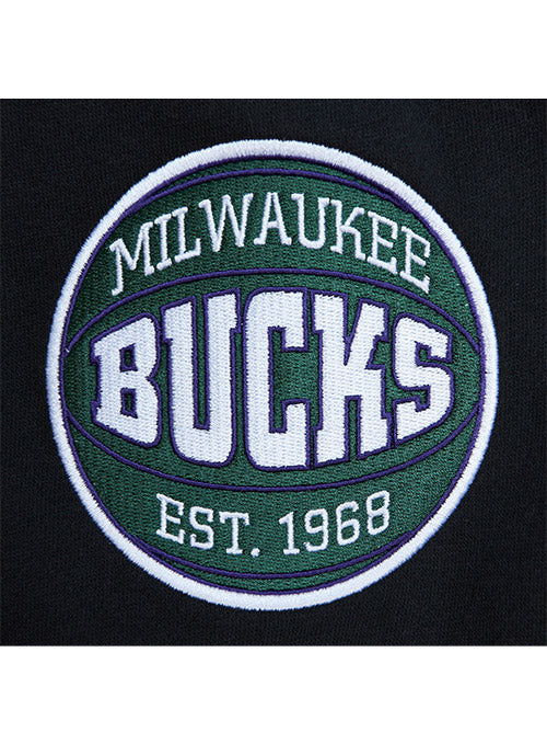Mitchell & Ness HWC All Over Crew 2.0 Milwaukee Bucks Crewneck Sweatshirt In Green & Black - Zoom View On Right Sleeve Graphic