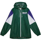 Mitchell & Ness HWC THRW Milwaukee Bucks Full Zip Windbreaker Jacket In Green, White & Purple - Front View