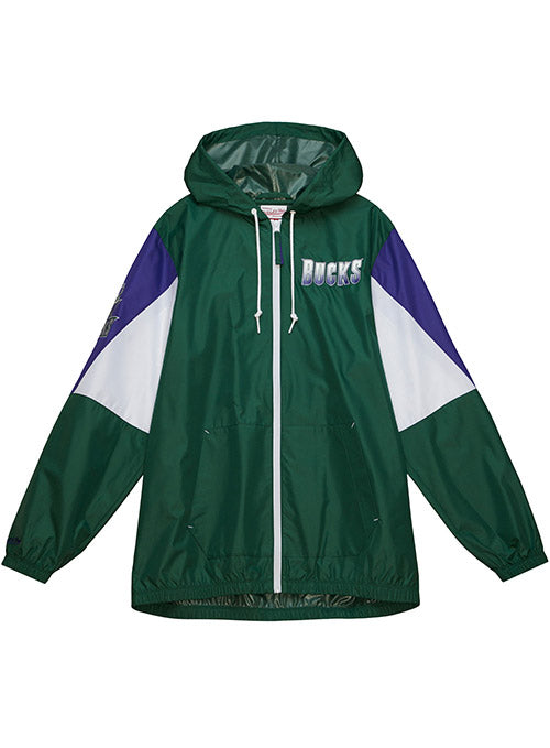 Mitchell & Ness HWC THRW Milwaukee Bucks Full Zip Windbreaker Jacket In Green, White & Purple - Front View