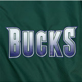 Mitchell & Ness HWC THRW Milwaukee Bucks Full Zip Windbreaker Jacket In Green, White & Purple - Zoom View On Front Left Chest Logo
