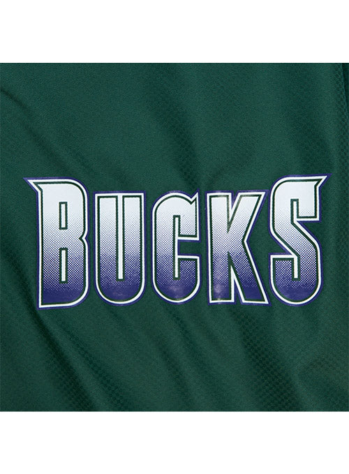 Mitchell & Ness HWC THRW Milwaukee Bucks Full Zip Windbreaker Jacket In Green, White & Purple - Zoom View On Front Left Chest Logo