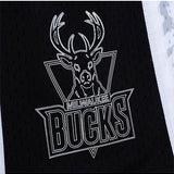 Mitchell & Ness HWC '93 Marble Milwaukee Bucks Swingman Shorts In White, Grey & Black - Zoom View On Left Leg Logo