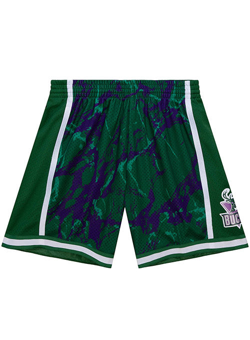 Mitchell & Ness Team Marble Milwaukee Bucks Swingman Shorts In Green, Purple & White - Front View