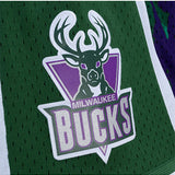 Mitchell & Ness Team Marble Milwaukee Bucks Swingman Shorts In Green, Purple & White - Zoom View On Left Leg Logo